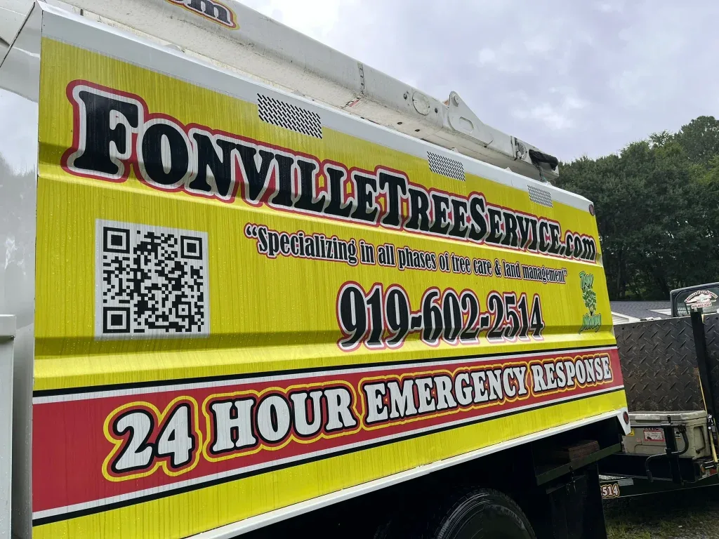 Fonville Tree Service truck responding to an emergency storm damage call in Wake County NC