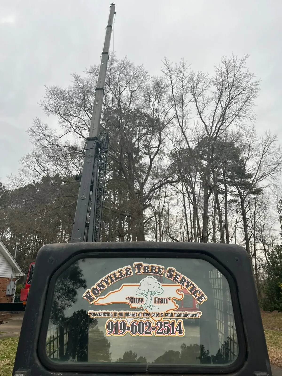 Fonvilletreeservice branded truck with extended crane reaching tall bare trees during professional tree service operation in NC