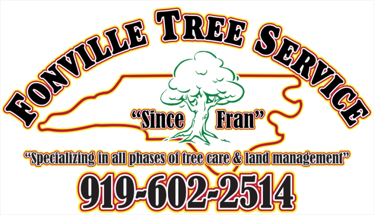 Fonvilletreeservice official business logo featuring tree illustration and Since Fran tagline with contact information Wake Forest NC