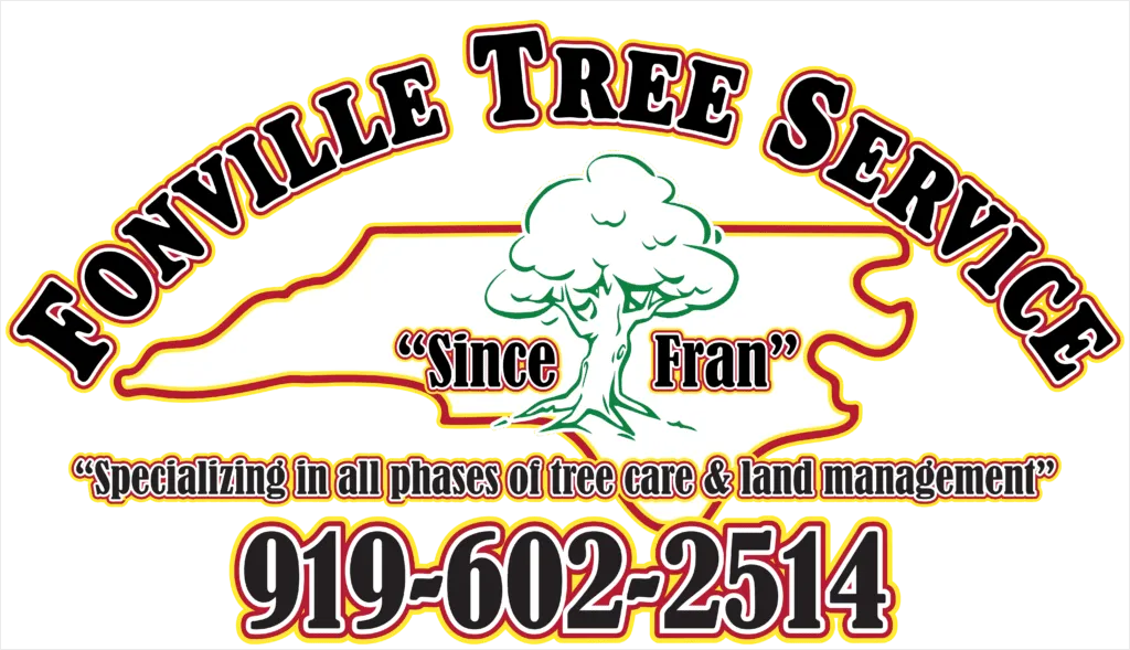 Fonvilletreeservice official business logo featuring tree illustration and Since Fran tagline with contact information Wake Forest NC