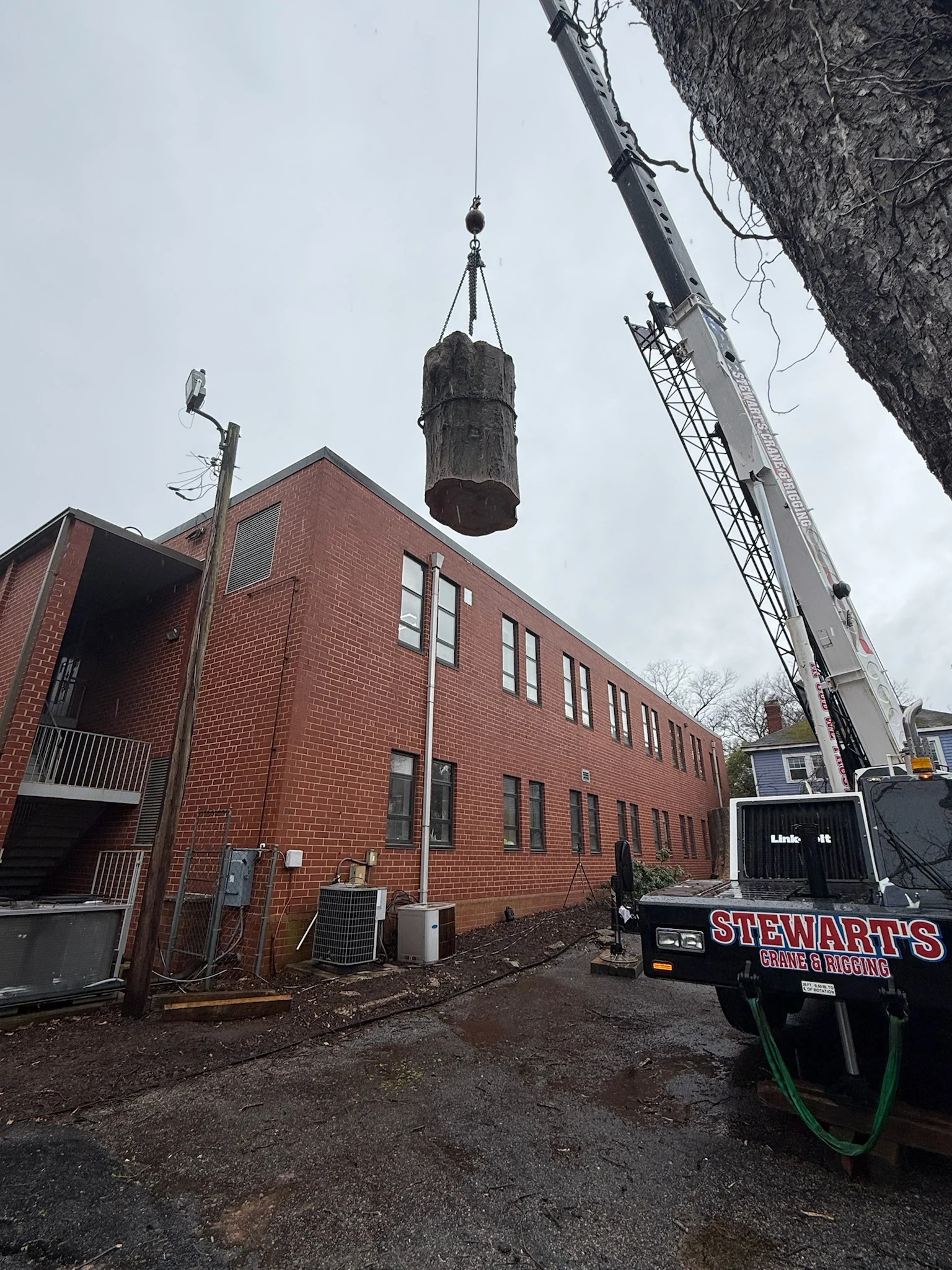 Fonvilletreeservice crane operator lifting large tree trunk section near brick commercial building in NC